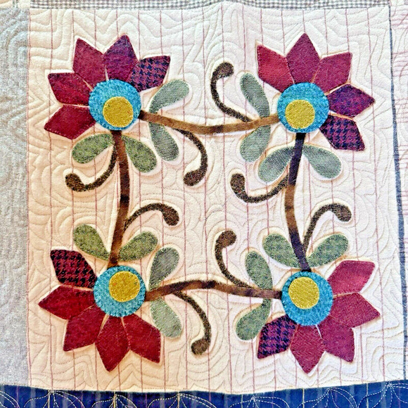 MUSEUM QUALITY Vintage Tulip Medallion Applique Antique Quilt Tapestry 57x45 - Picture 12 of 16
